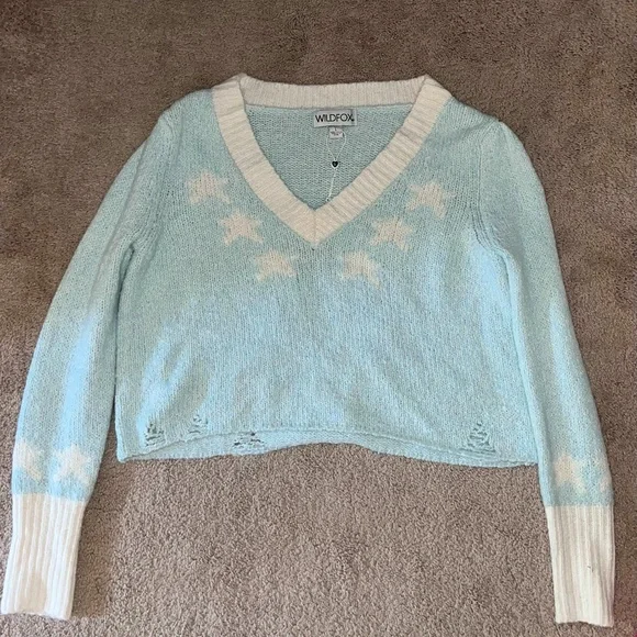 Wildfox Blue V-Neck Sweater with White Stars